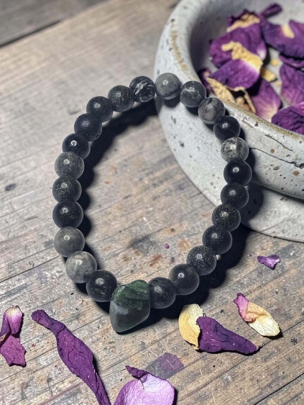 Handmade Black and Gray Beaded Bracelet with Green Moss Center Bead
